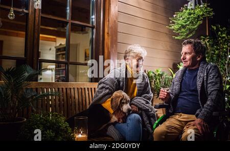 Coppia senior in sedia a rotelle con cane la sera sulla terrazza, bere vino. Foto Stock