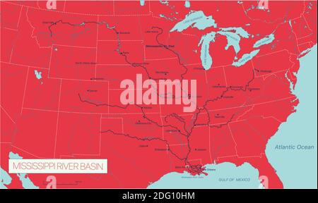 Bacino fluviale del Mississippi negli Stati Uniti Mappa vettoriale modificabile dettagliata, schema colore di tendenza Illustrazione Vettoriale