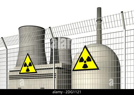 Centrale nucleare dietro un recinto di barriera con segnali di avvertimento per radioattività su sfondo bianco Foto Stock