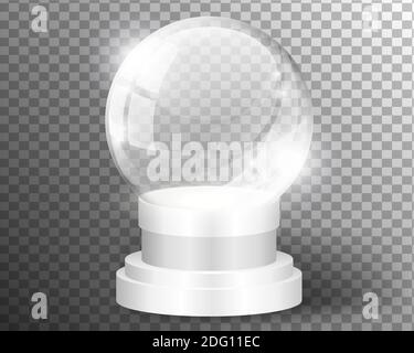 Bianco vettore neve globo chiaro modello isolato su sfondo trasparente. Palla magica di Natale. Supporto a strati con cupola in vetro. Cristallo di vacanza invernale Illustrazione Vettoriale