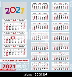 Calendario da parete 2021, settimana a partire da Domenica. Dimensione A4, dimensione blocco 297x140 mm. Illustrazione vettoriale. Illustrazione Vettoriale