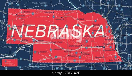 Stato del Nebraska Mappa dettagliata modificabile con città e città, siti geografici, strade, ferrovie, interstatali e autostrade degli Stati Uniti. File vettoriale EPS-10, tren Illustrazione Vettoriale