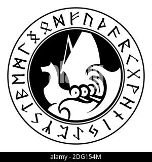 Un'antica immagine scandinava di una nave vichinga decorava rune norreno. Logo Drakkar Illustrazione Vettoriale