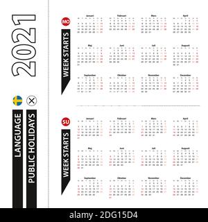 Due versioni del calendario 2021 in svedese, la settimana inizia dal lunedì e la settimana inizia dalla domenica. Modello vettore. Illustrazione Vettoriale