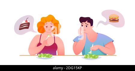 La gente grassa triste mangia insalata verde, sognando di cibo malsano Illustrazione Vettoriale