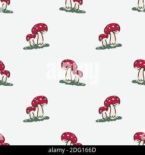 Cute sesso neutro topadstool modello vettoriale. Funghi fly agarico arredamento casa cartone animato fungo. Micologia velenosa boho senza cuciture su tutta la stampa. Illustrazione Vettoriale