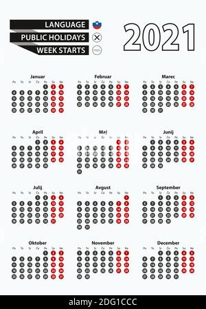 Calendario modello vettoriale 2021 con numero in cerchi, semplice calendario sloveno per l'anno 2021. Illustrazione vettoriale. Illustrazione Vettoriale