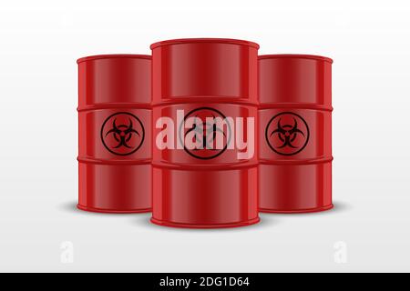 Tre Vector 3d realistico Rosso semplice smalto lucido metallo olio, carburante, benzina barili con nero Biohazard segno isolato su sfondo bianco. Design Illustrazione Vettoriale