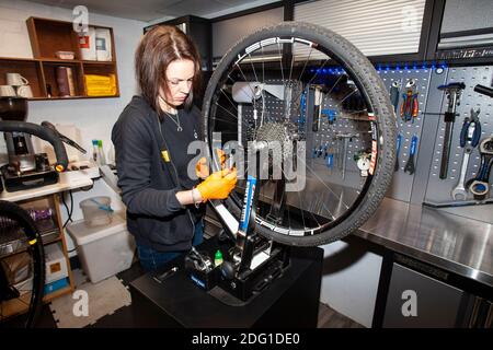 Un tecnico di bici Cytech completamente qualificato che controlla l'allineamento di una ruota posteriore della bicicletta in una riparazione professionale dedicata e. officina di manutenzione Foto Stock