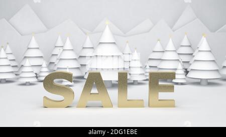 Testo di vendita su sfondo natalizio innevato, concetto di sconto, illustrazione 3d Foto Stock