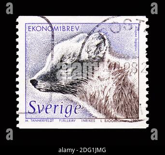 MOSCA, RUSSIA - 18 AGOSTO 2018: Un francobollo stampato in Svezia mostra Arctic Fox (Alopex lagopus), Wildlife serie, circa 1997 Foto Stock