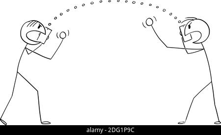 Immagine vettoriale del cartoon stick illustrazione di due uomini arrabbiati o uomini d'affari che discutono o combattono utilizzando smartphone o telefoni cellulari. Concetto di tecnologia e relazione. Illustrazione Vettoriale