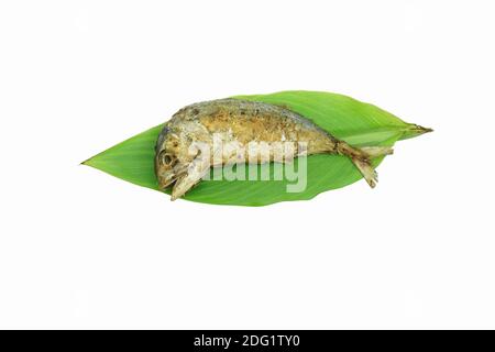 Uno sgombro fritto sulle foglie verdi. Foto Stock