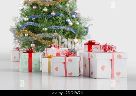 immagine 3d di un albero di natale con ornamenti e regali. Isolato su bianco. Foto Stock