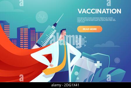 Eroi medici leader nella lotta contro i sintomi del virus corona. Dottori eroi vettoriali opere d'arte. Medici che combattono i sintomi COVID-19 con il vaccino anti-virus poste. Illustrazione Vettoriale