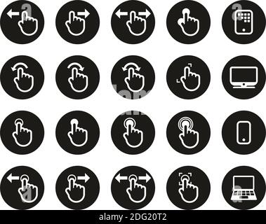 Icone del touchscreen Bianco su nero Flat Design cerchio Set Grande Illustrazione Vettoriale