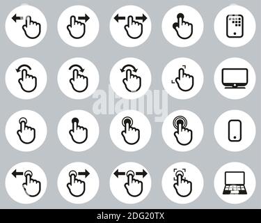 Icone touchscreen Bianco e nero Design piatto cerchio Set Grande Illustrazione Vettoriale