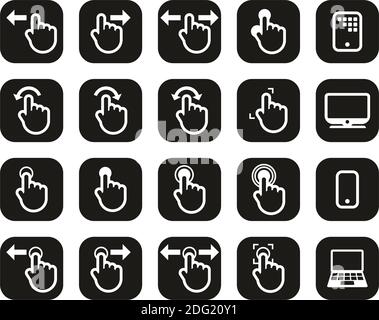 Icone del touchscreen Bianco su nero Flat Design Set Grande Illustrazione Vettoriale
