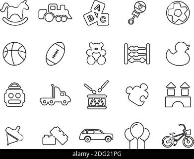 Giocattoli icone nero e bianco sottile Set grande Illustrazione Vettoriale