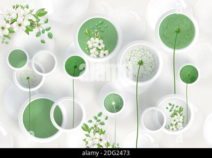 3d murale tappezzeria astratta con cerchi bianchi e fiori verdi . sagome di andelioni modello su sfondo decorativo argento . Foto Stock