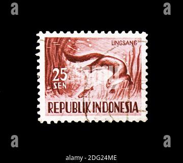 MOSCA, RUSSIA - 18 AGOSTO 2018: Un francobollo stampato in Indonesia mostra lisce-patinata Otter (Lutrogale perspicillata), Fauna serie, circa 1956 Foto Stock
