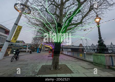 Londra, Regno Unito. 7 dicembre 2020. Un ciclista passa 'Lumen' di David Ogle, alberi illuminati con incandescente neon flex. Anteprima di "Winter Light" presentata da Southbank Centre. Oltre 15 opere d'arte e nuove commissioni illuminate da una serie di artisti internazionali sono in mostra intorno agli edifici del sito e al Riverside Walk fino alla fine di febbraio 2021. Credit: Stephen Chung / Alamy Live News Foto Stock