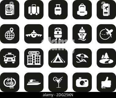 Icone di viaggio o vacanza Bianco su Black Flat Design Set Grande Illustrazione Vettoriale