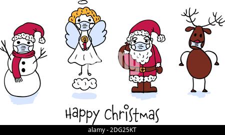 Funny Corona Christmas Card con cartoni animati disegnati a mano come renne rudolph, babbo natale, angelo e un pupazzo di neve con maschere comunità. Vettore Illustrazione Vettoriale