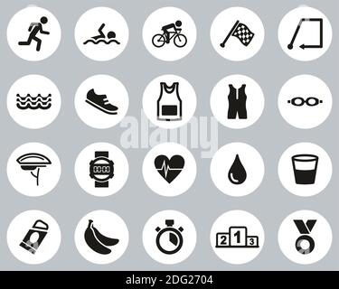 Triathlon Race & Equipment Icons Black & White Flat Design Cerchio Set Grande Illustrazione Vettoriale