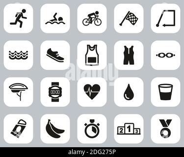 Triathlon Race & Equipment Icons Black & White Flat Design Imposta grande Illustrazione Vettoriale