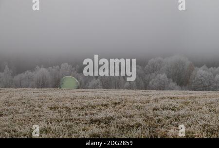 paesaggio autunnale, campo congelato e foresta nella nebbia, coperto di brina, avvolto balla di paglia nel campo Foto Stock