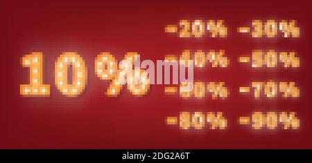 Codici sconto di vendita. serie vettoriale 3d di numeri di lampadine dorate. Modello prezzo di vendita promozione Illustrazione Vettoriale