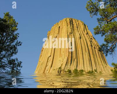 Devils Tower Mountain riflesso in acqua Foto Stock