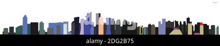 Paesaggio urbano arabo. Profilo degli edifici dei grattacieli della capitale del Qatar. Vista notturna dello skyline di Doha. Illustrazione Vettoriale
