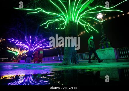 Un pedone passa per 'Lumen' di David Ogle, una fila di platani lungo il fiume illuminati da neon flex, parte di 'Winter Light', una nuova mostra all'aperto al Southbank Centre di Londra, che presenta oltre 15 opere d'arte e nuove commissioni che fanno uso di luce, colore e animazione da un certo numero di artisti internazionali. Foto Stock