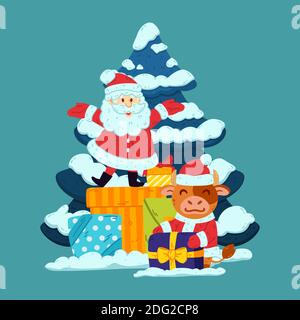 Carino toro e Babbo Natale con regali e albero. Bue simbolo del Capodanno cinese 2021. Buon Natale e felice anno nuovo poster del biglietto d'auguri d Illustrazione Vettoriale