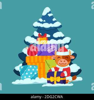 Carino toro in costume di babbo natale con albero e regali. Bue simbolo del Capodanno cinese 2021. Buon Natale e felice anno nuovo saluto ca Illustrazione Vettoriale