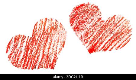 Due cuori di pastello rossi isolati su sfondo bianco. Carta San Valentino, concetto d'amore Foto Stock