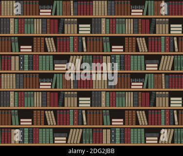 Librerie con libri. Sfondo senza cuciture. Vecchi libri sugli scaffali. Biblioteca di libri retrò. Libreria. Illustrazione vettoriale Illustrazione Vettoriale