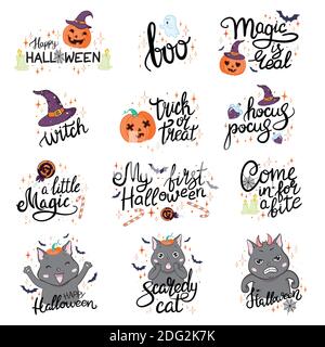 Happy Halloween disegni a mano illustrazioni ed elementi. Elementi di design, logo, badge, etichette, icone e oggetti di Halloween. Illustrazione Vettoriale