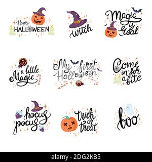 Happy Halloween disegni a mano illustrazioni ed elementi. Elementi di design, logo, badge, etichette, icone e oggetti di Halloween. Illustrazione Vettoriale