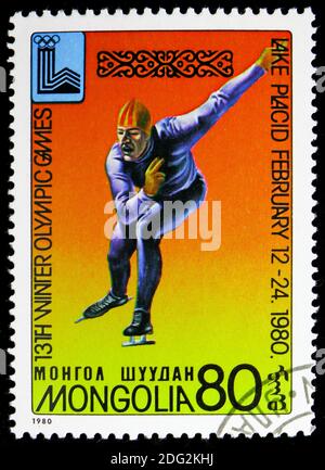 MOSCA, RUSSIA - 10 NOVEMBRE 2018: Un francobollo stampato in Mongolia mostra Speed skating, Olimpiadi invernali 1980, Lake Placid serie, circa 1980 Foto Stock