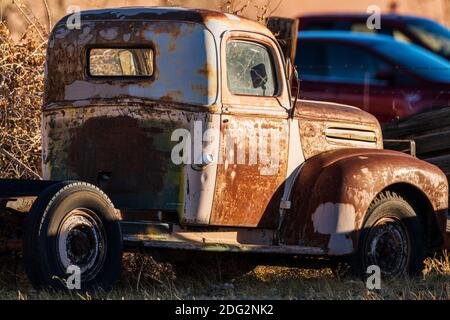 Camion di pick-up antico Ford in campo ranch; Salida; Colorado; USA Foto Stock