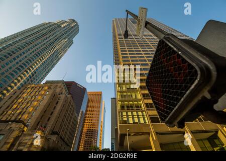 Vista dei grattacieli del centro durante l'ora d'oro, Los Angeles, California, Stati Uniti d'America, Nord America Foto Stock