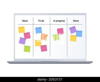 Lavagna Kanban con fogli di nota adesivi vuoti per l'attività di scrittura. Gestione dei progetti agile, pianificazione delle attività e elenco delle attività. Illustrazione Vettoriale