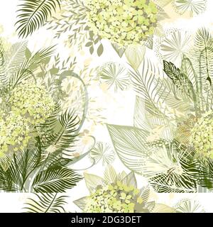 Delicato vintage Botanico senza cuciture sfondo con Hydrangea. Illustrazione vettoriale botanica Illustrazione Vettoriale