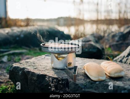 fornello all'aperto con salsicce e panini che cucinano su un spiaggia Foto Stock