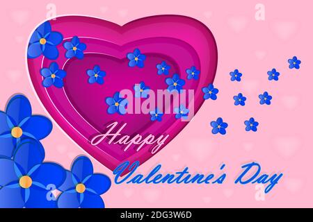 Biglietti d'auguri per San Valentino con cuore rosso e fiore blu su sfondo rosa. Carta taglio art. San Valentino banner giorno. Illustrazione vettoriale stock Illustrazione Vettoriale