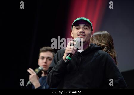 Yvick Letexier ( Mister V ) durante la cerimonia di chiusura del 20° Festival della Commedia di Alpe d'Huez a l'Alpe d'Huez, Francia, il 21 gennaio 2017. Foto di Julien Reynaud/APS-Medias/ABACAPRESS.COM Foto Stock