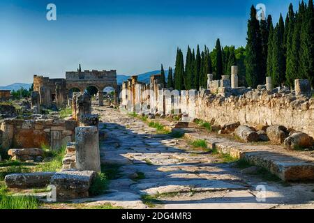 Rovine di collonaded street vicino all'Arco di Domiziano Hierapolis, Turchia Foto Stock